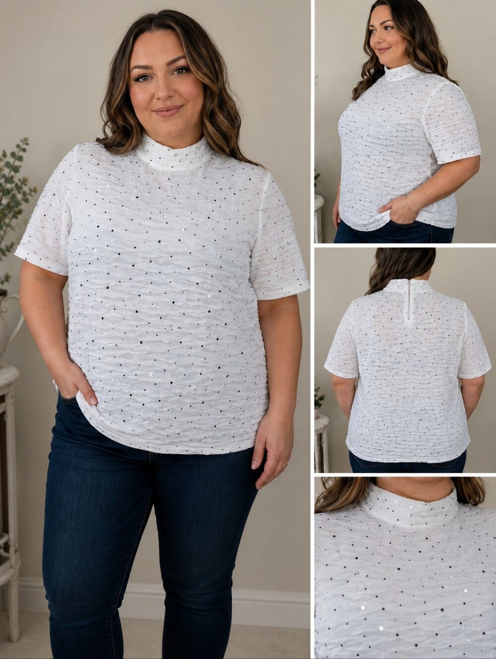 Tanjay White Sparkly Sequin Textured Blouse | Size XL | Elegant Party Career Top